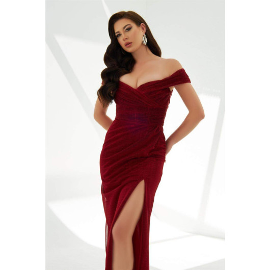 Red Lurex Knitted Strapless Long Evening Dress