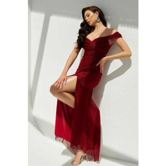 Red Lurex Knitted Strapless Long Evening Dress