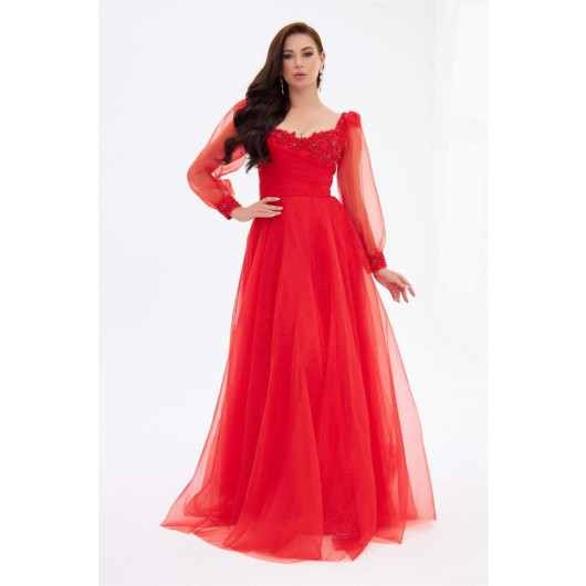 فستان خطوبة نسائي طويل مزين بالتول احمر