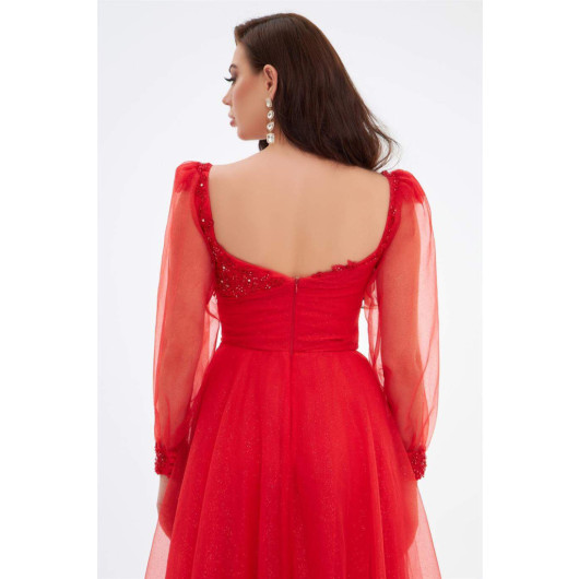 Red Lurex Tulle Front Embroidered Long Sleeve Engagement Dress