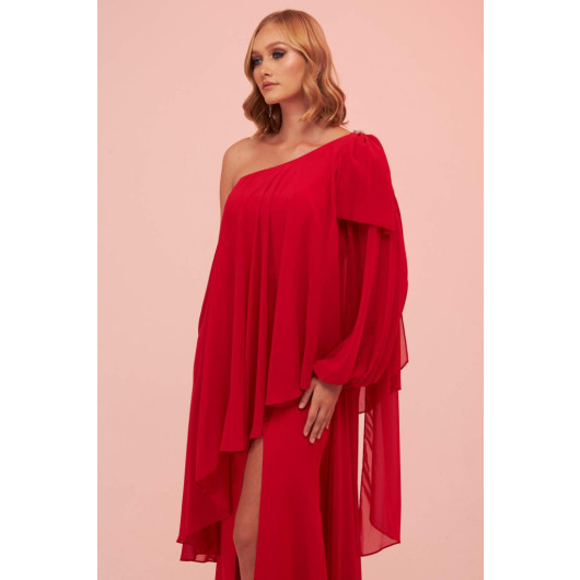 Red One Sleeve Slit Plus Size Chiffon Evening Dress