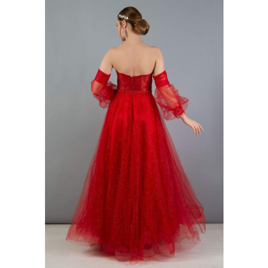 فستان سهرة نسائي مزين بالتول احمر