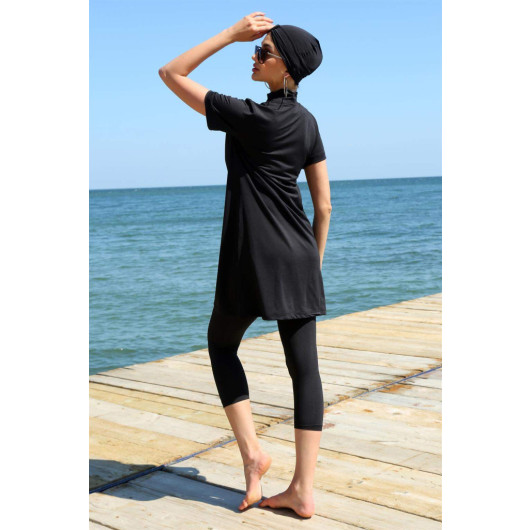 Short Sleeve Black Half Hijab Swimsuit
