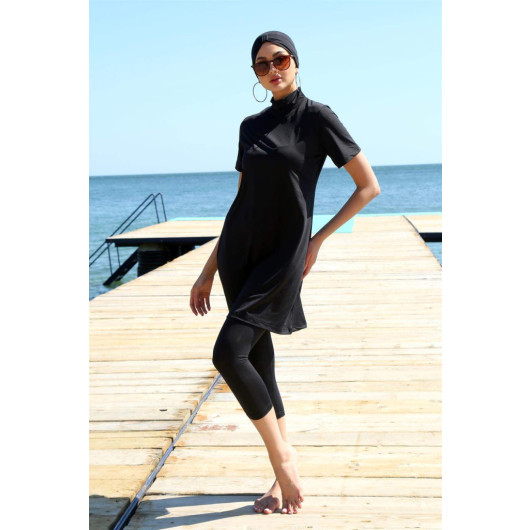 Short Sleeve Black Half Hijab Swimsuit