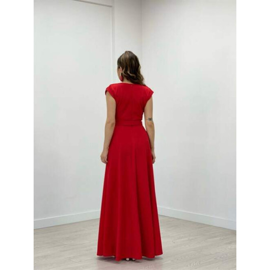 Crepe Fabric Scoop Neck Dress Red