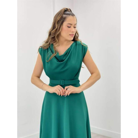 Crepe Fabric Scoop Neck Dress Emerald Green