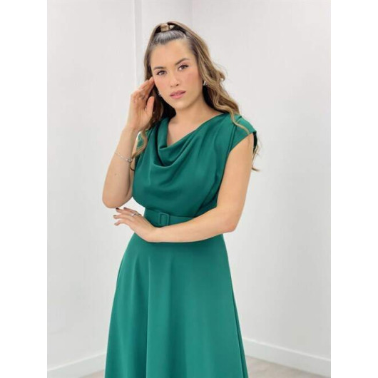 Crepe Fabric Scoop Neck Dress Emerald Green