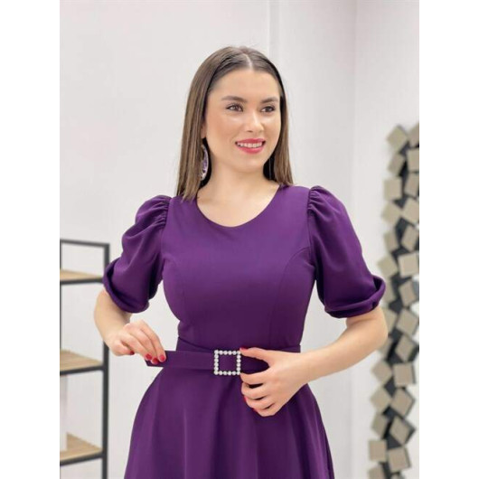 Crepe Fabric Belt Detailed Dress Purple