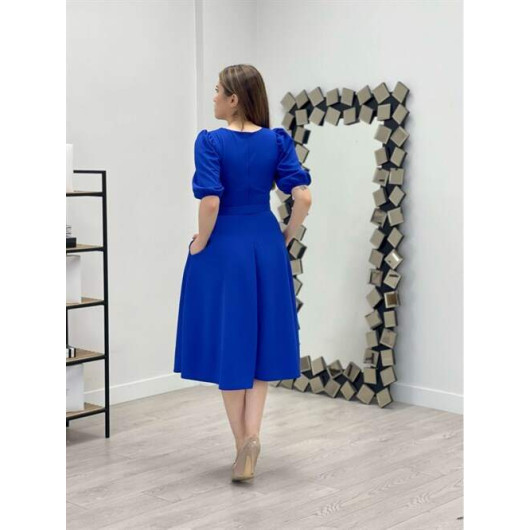 Crepe Fabric Belt Detailed Dress Saks Blue