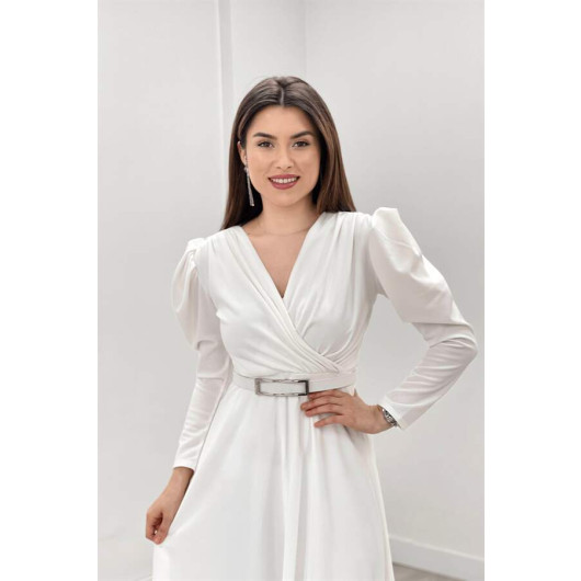 Crepe Fabric Double Breasted Collar Kilos Dress White