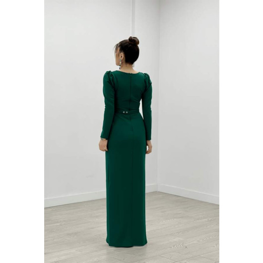 Crepe Fabric Pleat Detailed Dress Emerald Green