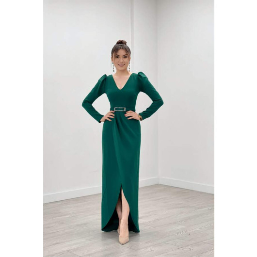 Crepe Fabric Pleat Detailed Dress Emerald Green