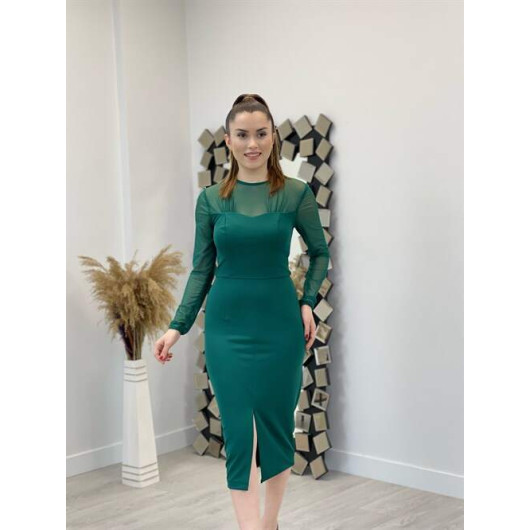 Crepe Fabric Tulle Detailed Pencil Dress Emerald Green