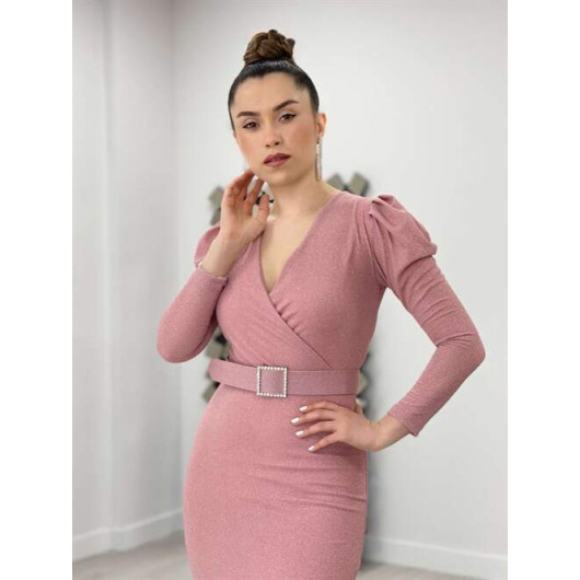 Double Breasted Collar Belt Detailed Dress Pudra
