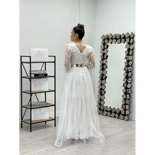 Double Breasted Collar Lurex Fabric Dress White
