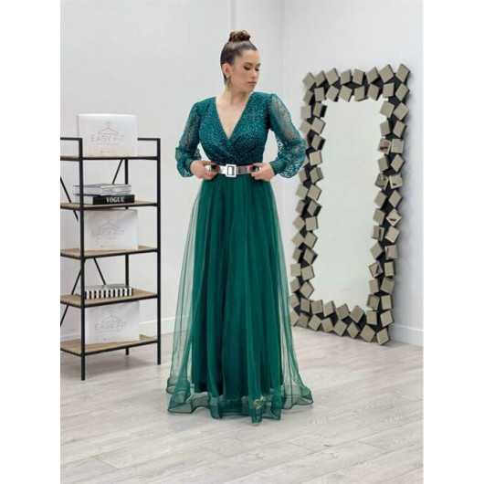 Double Breasted Neckline Lurex Fabric Dress Emerald Green