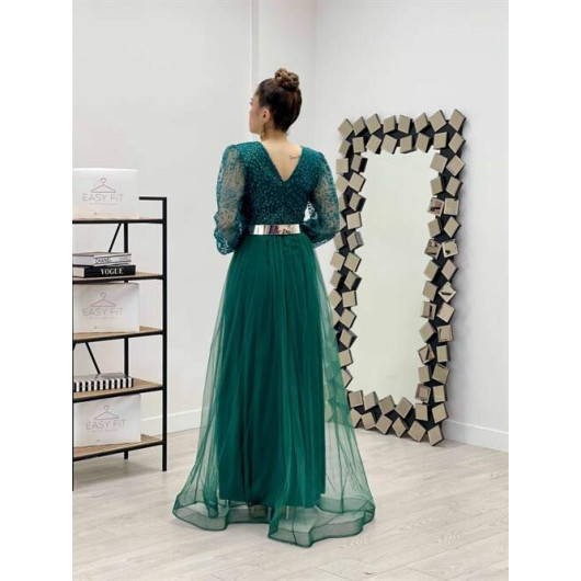 Double Breasted Neckline Lurex Fabric Dress Emerald Green