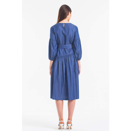Navy Blue Gathered Women's Dress With Belt Accessories