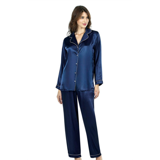 Navy Blue Double Satin Nightgown Pajama Set