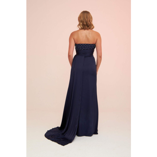 Navy Blue Satin Front Embroidered Balloon Sleeve Long Evening Dress