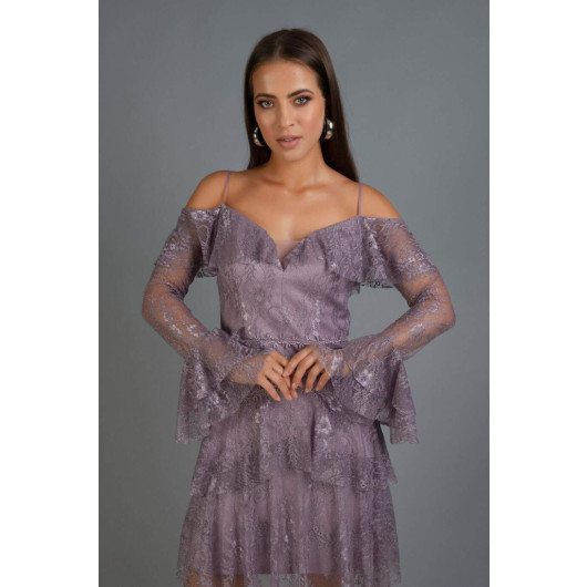 Lavender Lace Long Sleeve Short Evening Dress