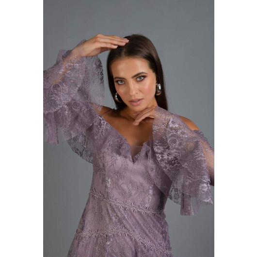 Lavender Lace Long Sleeve Short Evening Dress