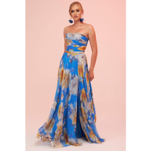 Blue Strap Slit Printed Evening Dress