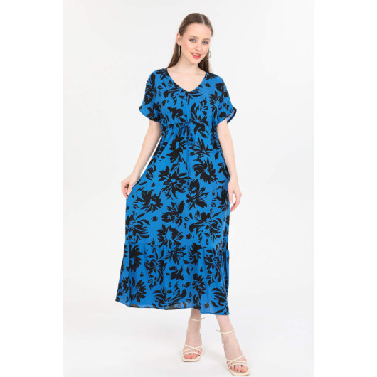 Blue Black Leaf Patterned Waist Lace Dress