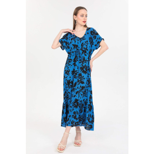 Blue Black Leaf Patterned Waist Lace Dress