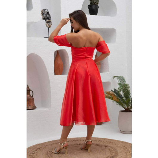 Coral Low Sleeve Organza Engagement Evening Dress
