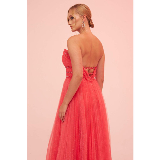 Coral Strapless Backless Tulle Engagement Dress