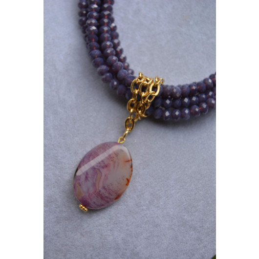 Special Design Necklace With Purple Crystal And Agate Stone