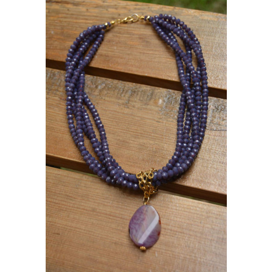 Special Design Necklace With Purple Crystal And Agate Stone