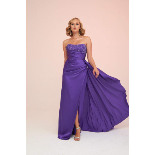Purple Satin Front Embroidered Balloon Sleeve Long Evening Dress