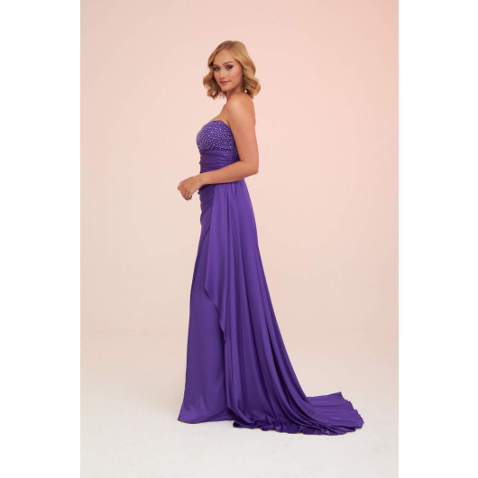 Purple Satin Front Embroidered Balloon Sleeve Long Evening Dress