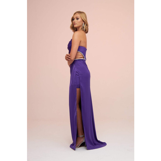 Purple Satin Strapless Long Evening Dress With Side Slit