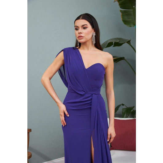 Purple Chiffon One Shoulder Slit Long Evening Dress