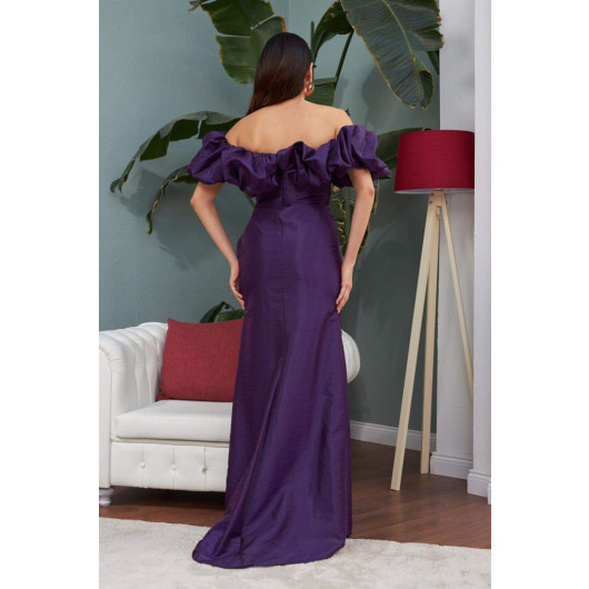 Purple Taffeta Off Shoulder Long Evening Dress