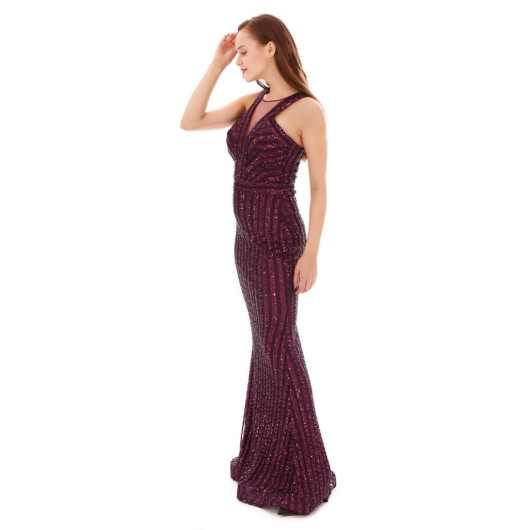 Plum Striped Sequined Fishnet Evening Dress