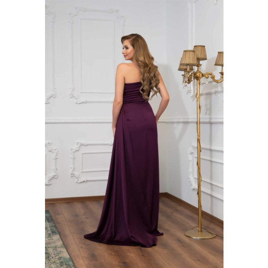 Plum Satin One Shoulder Slit Long Evening Dress