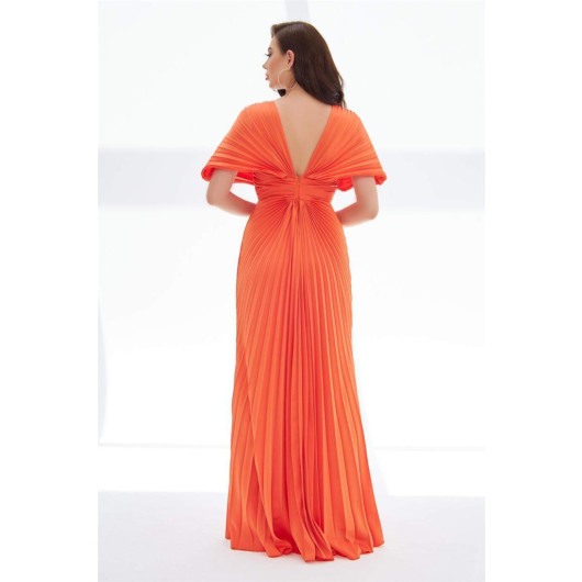 Orange Waist Stoned Chest-Length Long Evening Dress