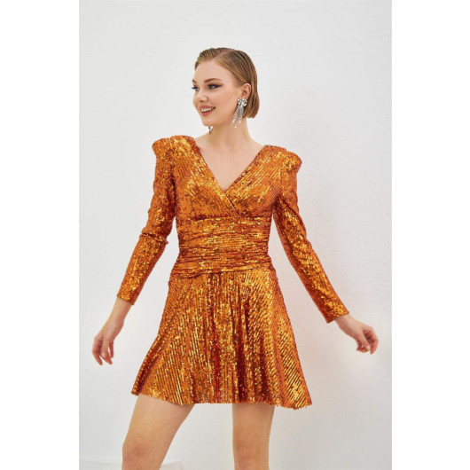 Orange Sequined Long Sleeve Short Evening Dress