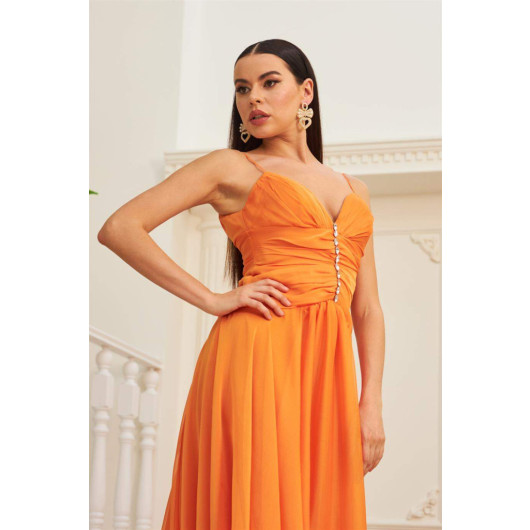 Orange Chiffon Strap Long Evening Dress With Stone Collar