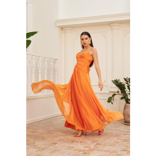 فستان سهرة نسائي شيفون طويل بحمالات برتقالي