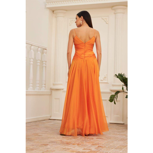فستان سهرة نسائي شيفون طويل بحمالات برتقالي