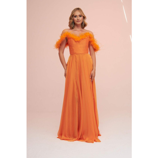 Orange Chiffon Feathered Slit Long Evening Dress