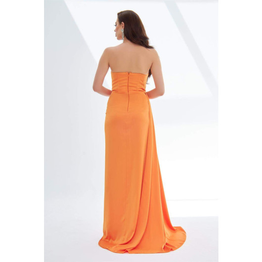 Orange Slit Satin Evening Dress Cat Ear Dress