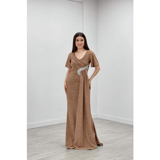 Sparkly Fabric Shawl Detailed Slit Evening Dress Gold