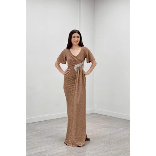 Sparkly Fabric Shawl Detailed Slit Evening Dress Gold