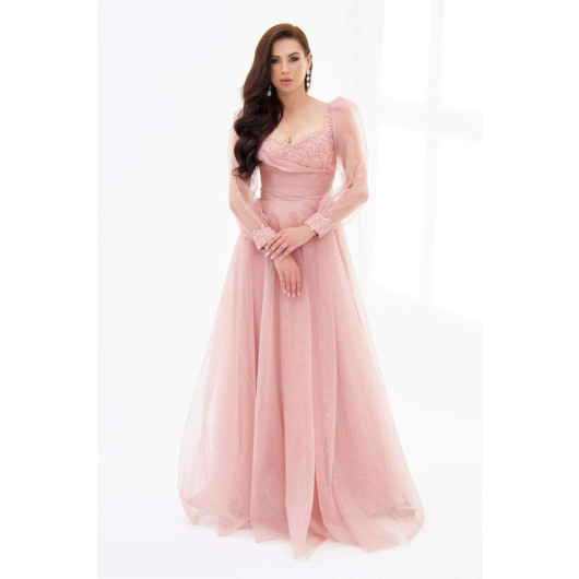 Powder Glitter Tulle Front Embroidered Long Sleeve Engagement Dress
